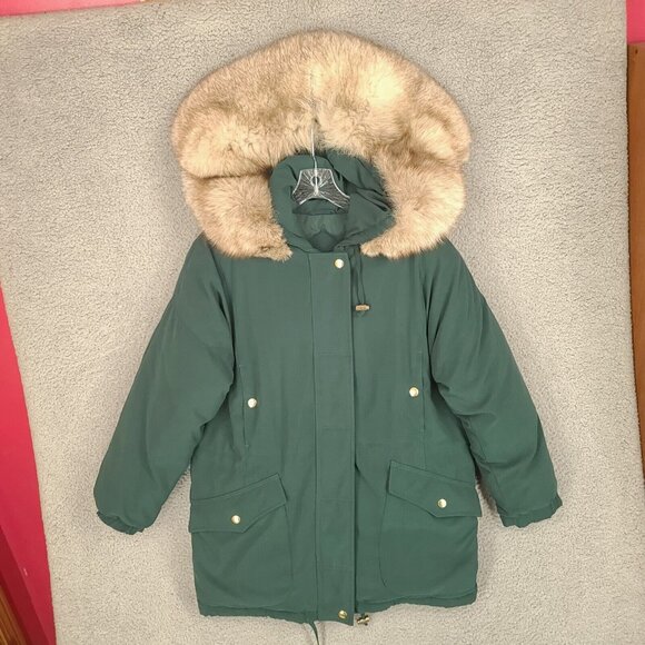 Boundary Waters Jacket Womens Small Green Down Faux Fur Parka Hooded Full Zip - Picture 1 of 14